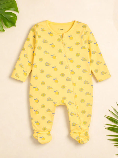 Organic Cotton Baby Romper – Soft Breathable Yellow Lemon Print Full Sleeve Zip Sleepsuit