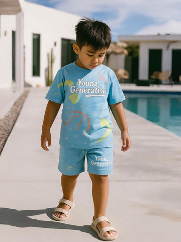 Kidbea Boys Summer Co-Ord Set | Cotton T-Shirt and Shorts for Kids | Sky Blue