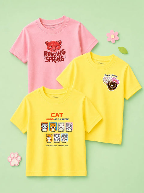 Bamboo Fabric Unisex Half Sleeve T-Shirt Pack of 3 – Roaring Spring, Cat Mood & Donut Worry Graphic Print Soft Tee Combo