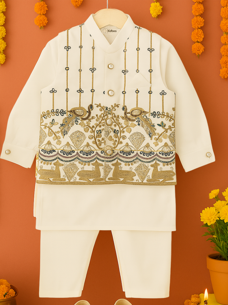 Kidbea Boys Ethnic Kurta Pajama Set with Embroidered Nehru Jacket | Festive & Wedding Wear Outfit | White