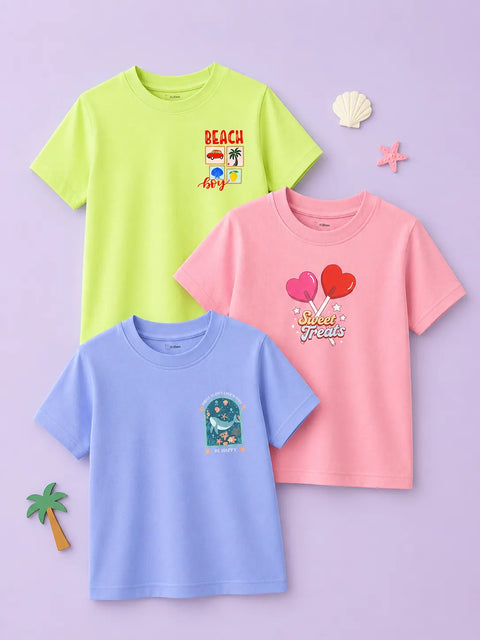 Bamboo Fabric Half Sleeve T-Shirt Pack of 3 for Girls – Beach Fun, Sweet Treats & Happy Days Graphic Print Combo