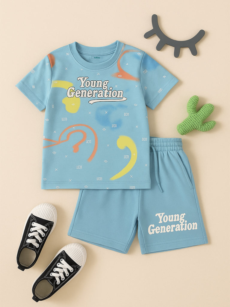 Kidbea Boys Summer Co-Ord Set | Cotton T-Shirt and Shorts for Kids | Sky Blue