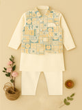 Kidbea Boys Kurta Pajama with Asymmetric Embroidered Jacket | Ethnic Wear Set for Weddings & Festivals | Cream