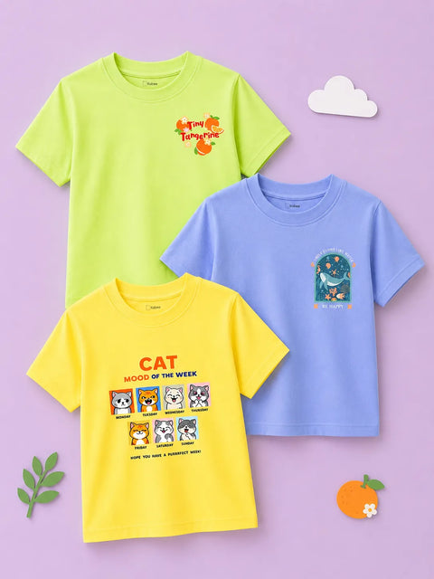 Bamboo Fabric Unisex Half Sleeve T-Shirt Pack of 3 – Tiny Tangerine, Cat Mood & Be Happy Graphic Print Soft Tee Combo