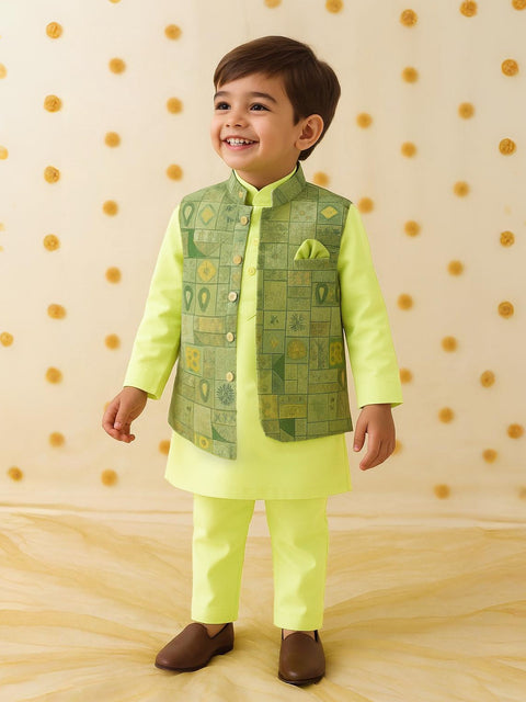Kidbea Boys Kurta Pajama with Asymmetric Embroidered Jacket | Ethnic Wear Set for Weddings & Festivals | Green
