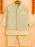 Kidbea Boys Kurta Pajama with Elegant Embroidered Jacket | Ethnic Set for Weddings & Festivals | Cream