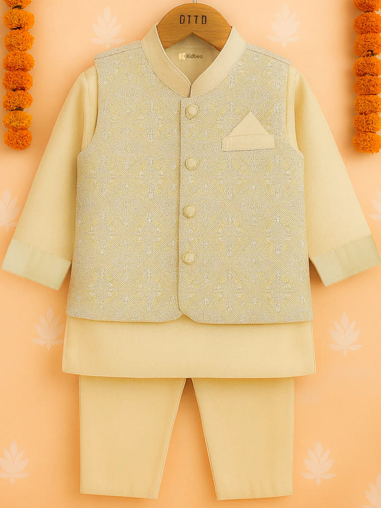 Boys Kurta Pajama with Elegant Embroidered Jacket | Ethnic Set for Weddings & Festivals | Cream