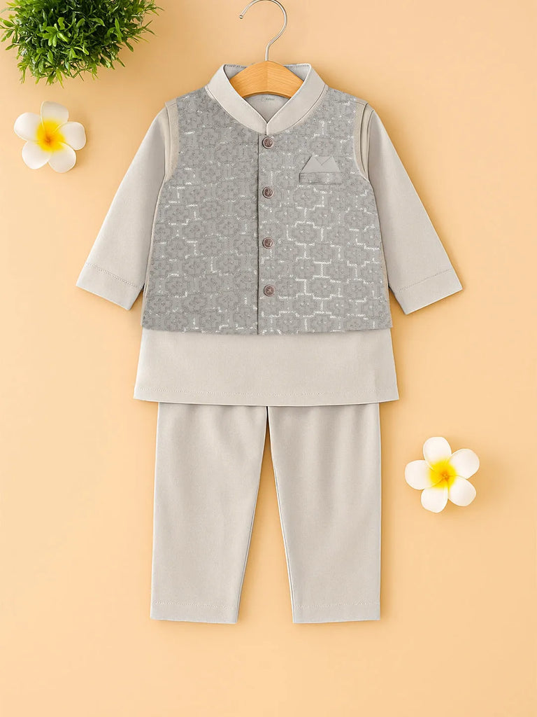 Boys Kurta Pajama with Designer Nehru Jacket | Ethnic Wear Set for Festivals & Weddings | Grey
