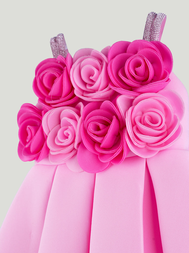 Girls Pink Partywear Frock – 3D Rose Flower Flared Dress