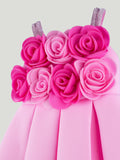Girls Pink Partywear Frock – 3D Rose Flower Flared Dress