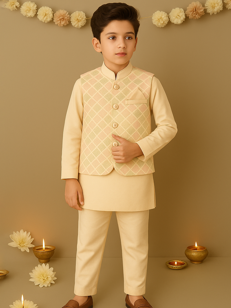 Kidbea Boys Kurta Pajama with Designer Nehru Jacket | Ethnic Wear Set for Festivals & Weddings | Pink