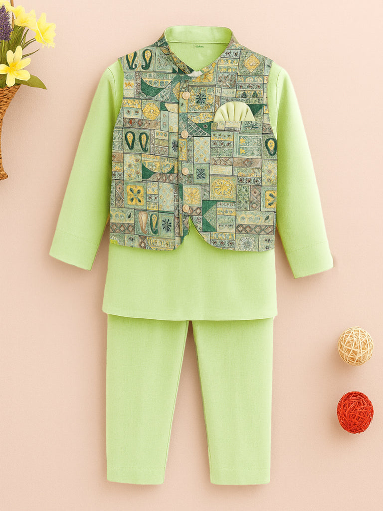 Kidbea Boys Kurta Pajama with Asymmetric Embroidered Jacket | Ethnic Wear Set for Weddings & Festivals | Green