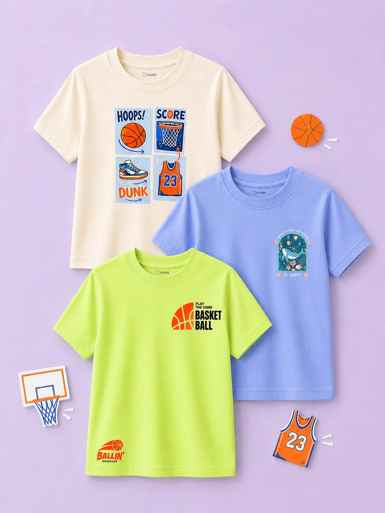 Bamboo Fabric Unisex Half Sleeve T-Shirt Pack of 3 – Basketball, Dunk & Be Happy Graphic Print Combo