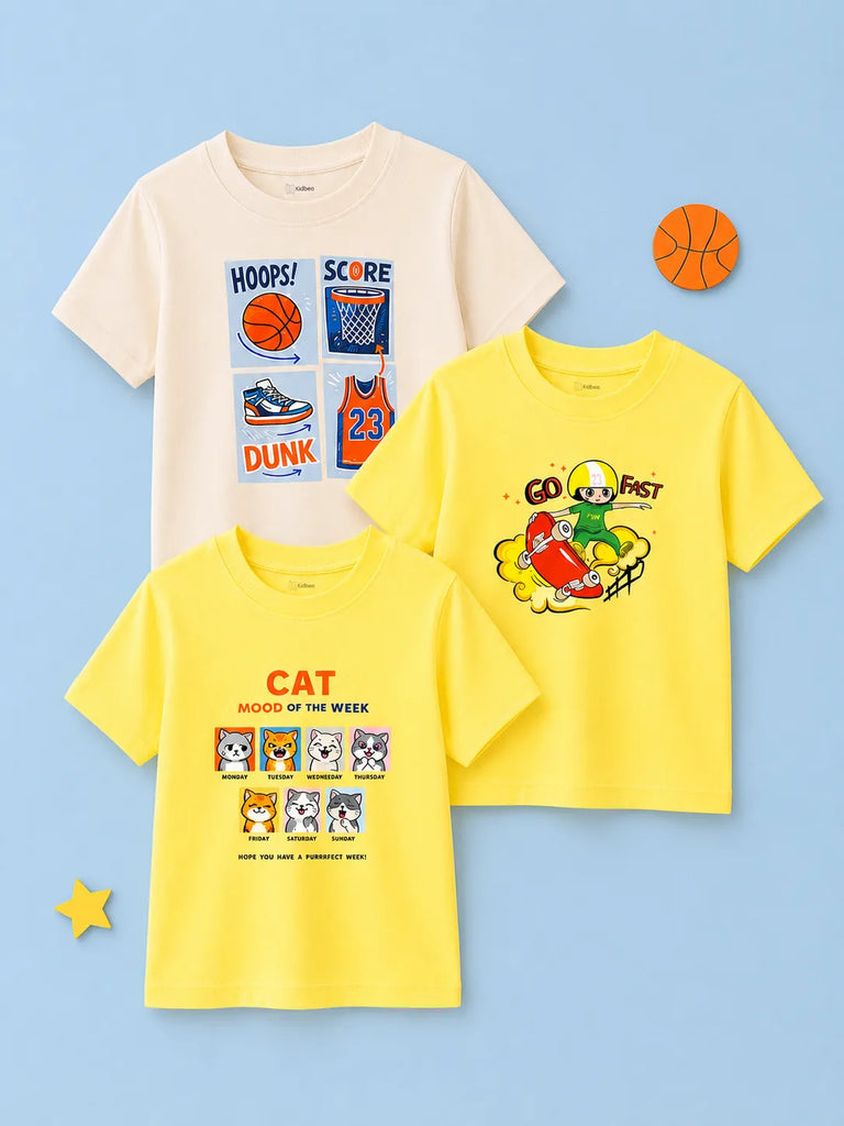 Bamboo Fabric Unisex Half Sleeve T-Shirt Pack of 3 – Basketball, Cat Mood & Go Fast Graphic Print Combo