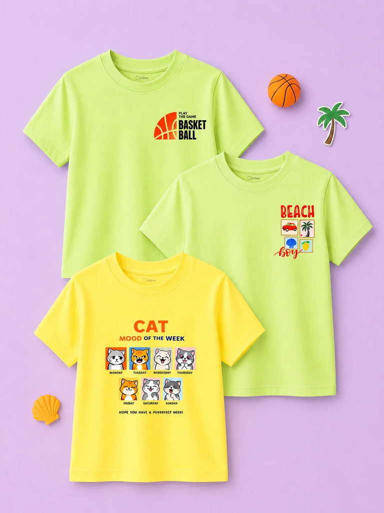 Bamboo Fabric Unisex Half Sleeve T-Shirt Pack of 3 – Basketball, Beach Boy & Cat Graphic Print Combo