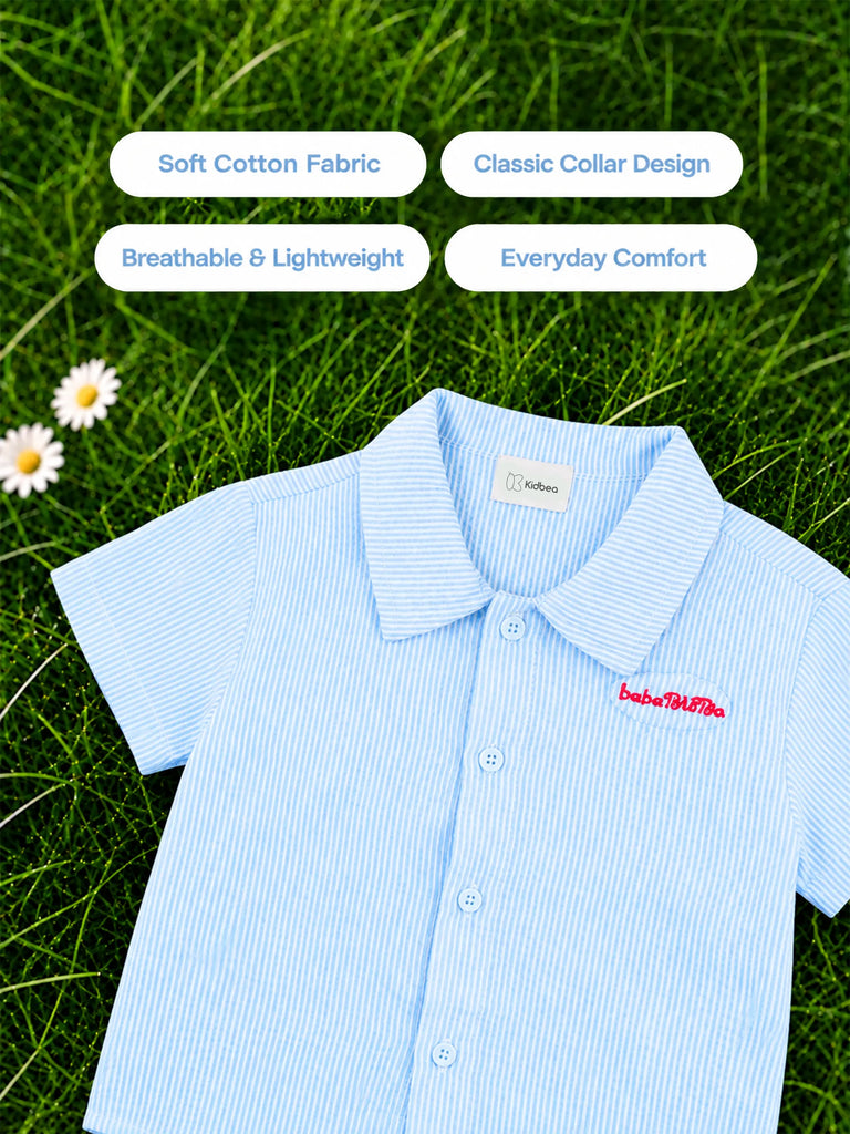 Boys Cotton Shirt & Shorts Set – Blue Striped Shirt with Navy Shorts