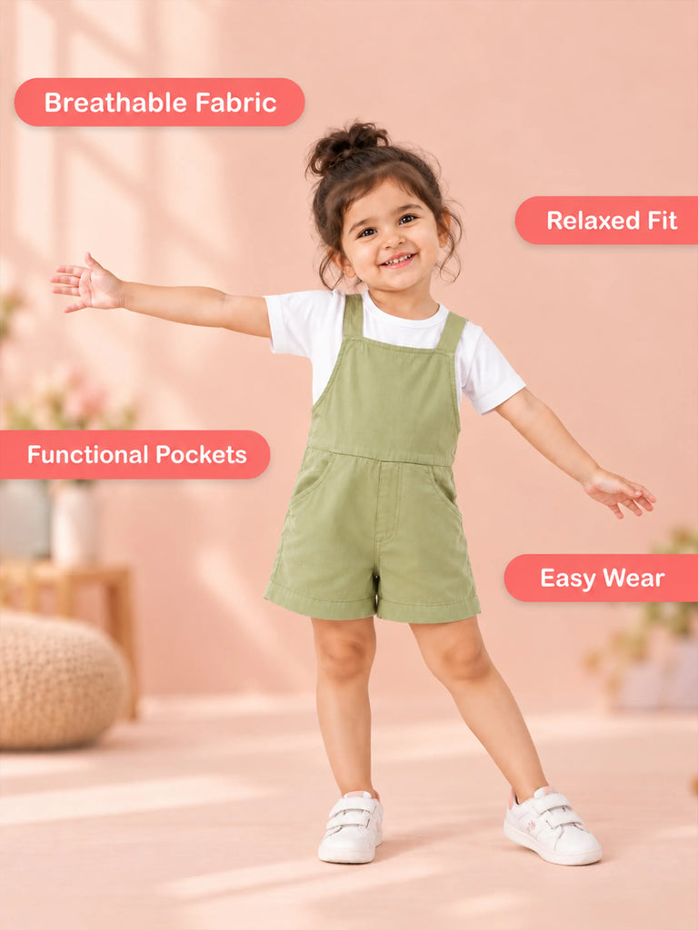 Unisex Cotton Dungaree Shorts – Olive Green Sleeveless Suspender Romper with Pockets