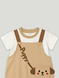 Kidbea Unisex Dungaree Set in Brown – Earthy Tone Puppy Design Overalls Paired with Matching Tee