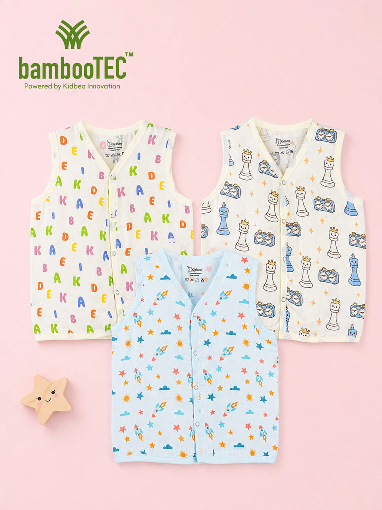 BambooTEC™ Bamboo Muslin Baby Jhabla Pack of 3 – Alphabet, Chess & Space Print