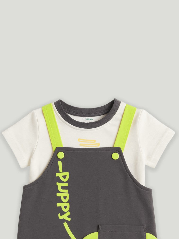 Kidbea Unisex Dungaree Set in Grey – Adorable Puppy Print Overalls with Soft White T-Shirt for Infants