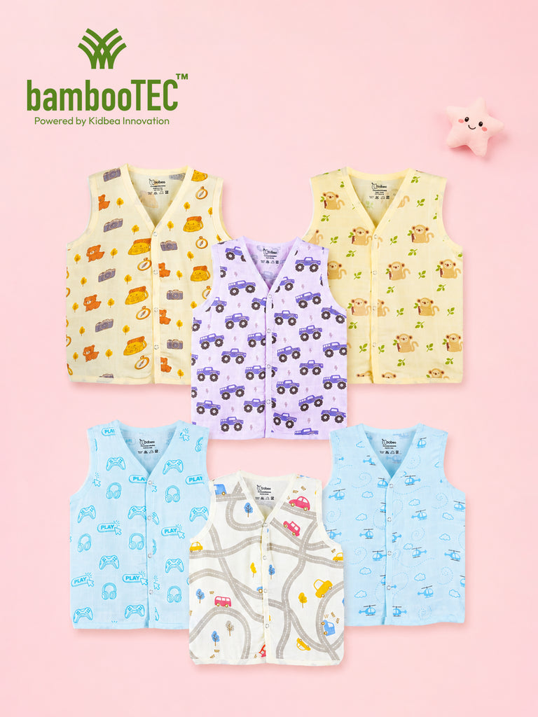 BambooTEC™ Bamboo Muslin Baby Jhabla Pack of 6 – Teddy, Monkey, Monster Truck, Gaming, Road & Helicopter Prints