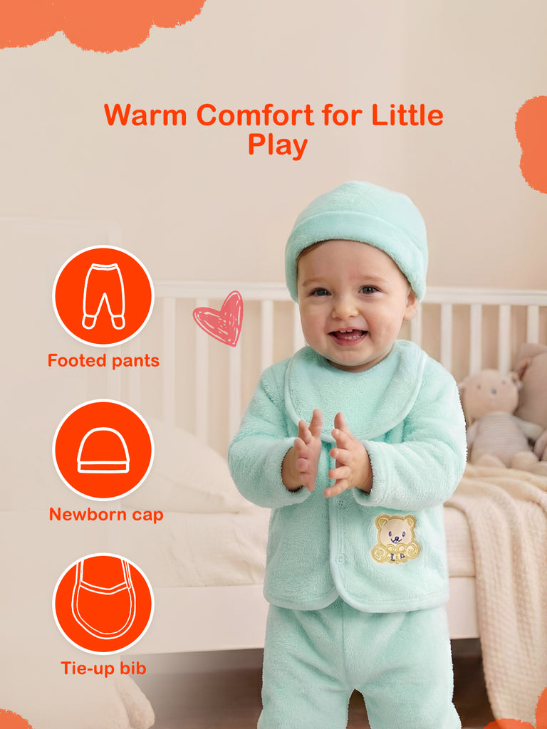 Unisex Baby Winter Wear – Pack of 5 Cozy Set with Cardigan, Pants, Footed Pants, Cap & Bib