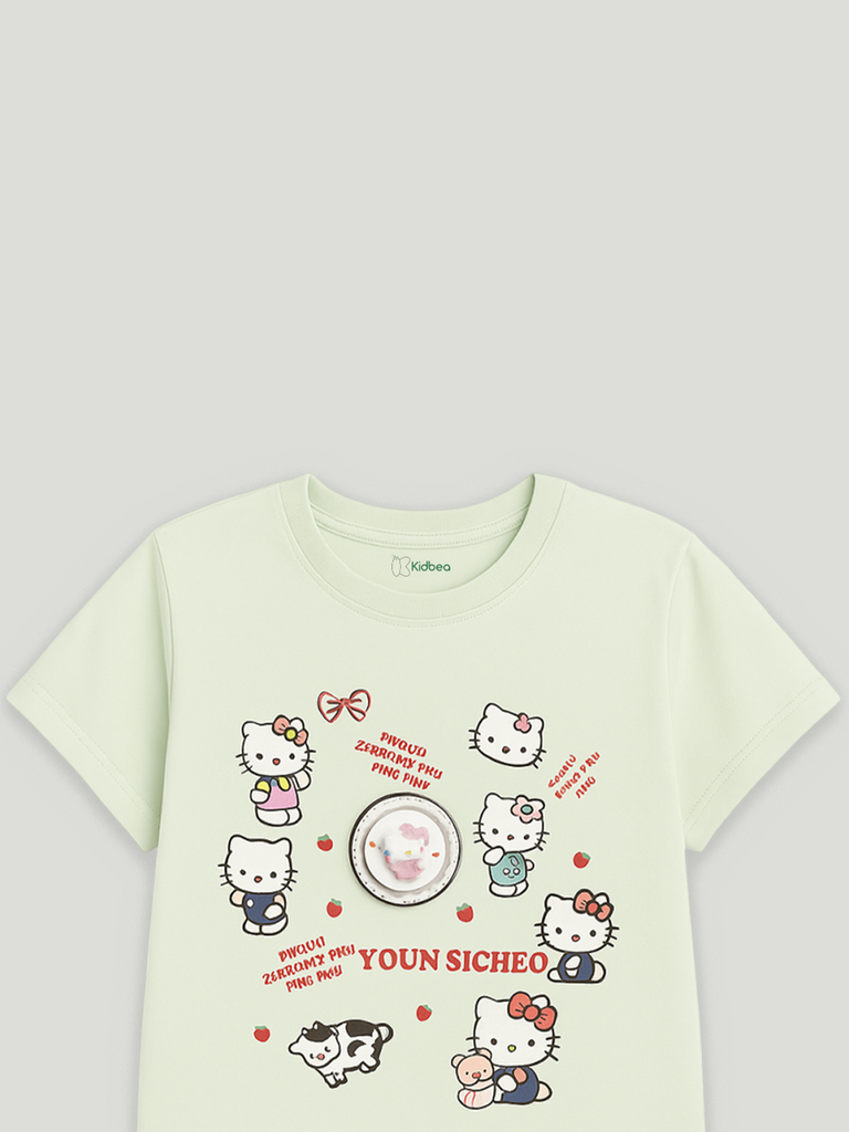 Kidbea Girls Cotton T-Shirt | Cute Hello Kitty Cartoon Print | Soft & Breathable | Casual Summer Wear for Toddlers & Kids Green