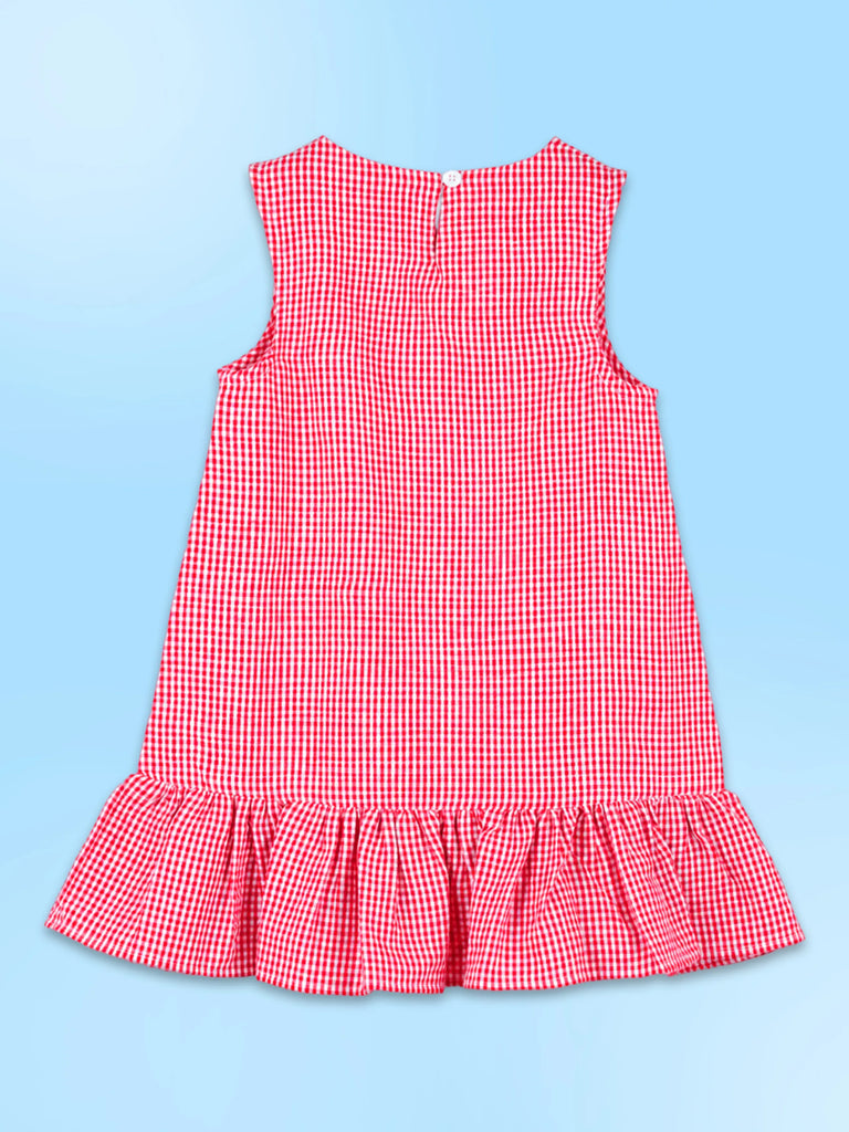 Girls Cotton Gingham Frock – Red Check Dress with White Bow Details