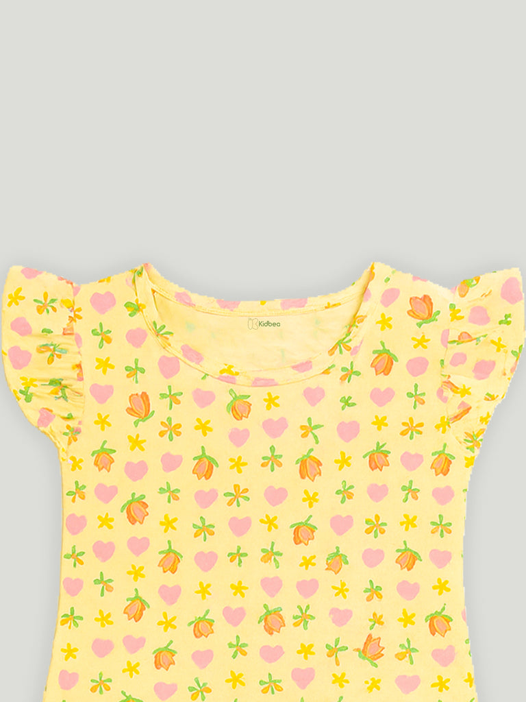 Kidbea Girls Floral and Heart Print Clothing Set | Short Sleeve Ruffle Top and Elastic Waist Shorts for Kids | Yellow