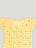 Kidbea Girls Floral and Heart Print Clothing Set | Short Sleeve Ruffle Top and Elastic Waist Shorts for Kids | Yellow