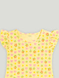 Girls Floral and Heart Print Clothing Set | Short Sleeve Ruffle Top and Elastic Waist Shorts for Kids | Yellow