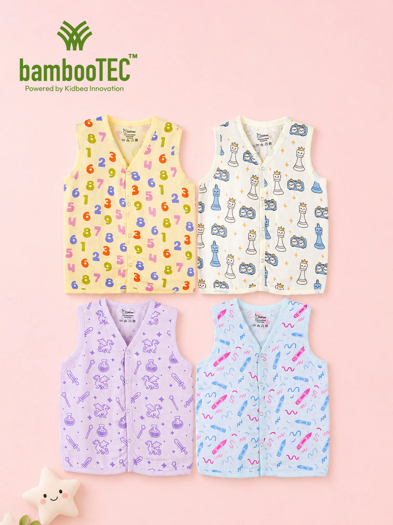 BambooTEC™ Bamboo Muslin Baby Jhabla Pack of 4 – Numbers, Chess, Magic & Crayon Prints