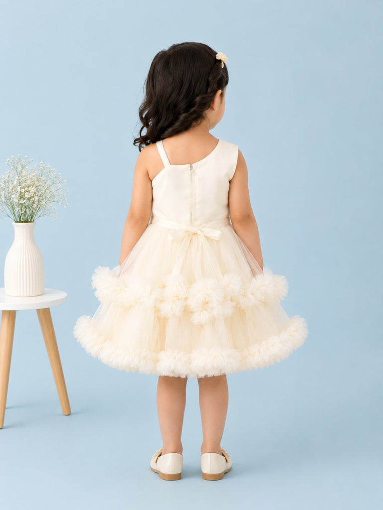Girls Cream Partywear Frock – Floral Embroidered & Layered Tulle Dress