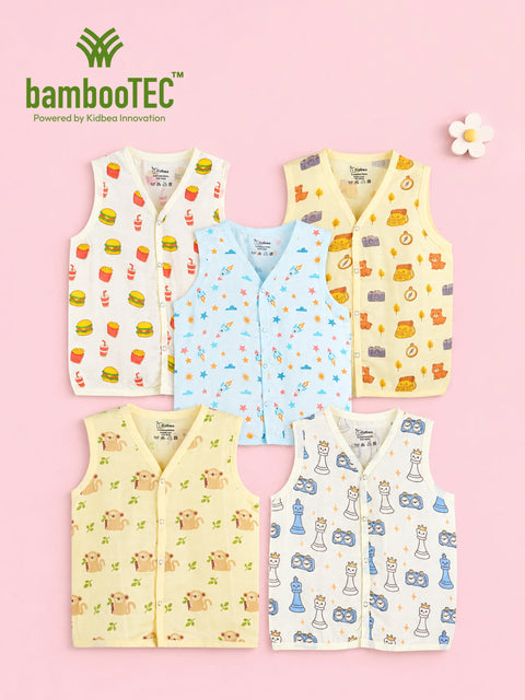 BambooTEC™ Bamboo Muslin Baby Jhabla Pack of 5 – Fast Food, Travel, Rocket, Monkey & Chess Prints