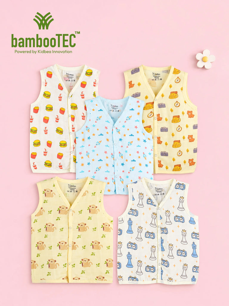 BambooTEC™ Bamboo Muslin Baby Jhabla Pack of 5 – Fast Food, Travel, Rocket, Monkey & Chess Prints