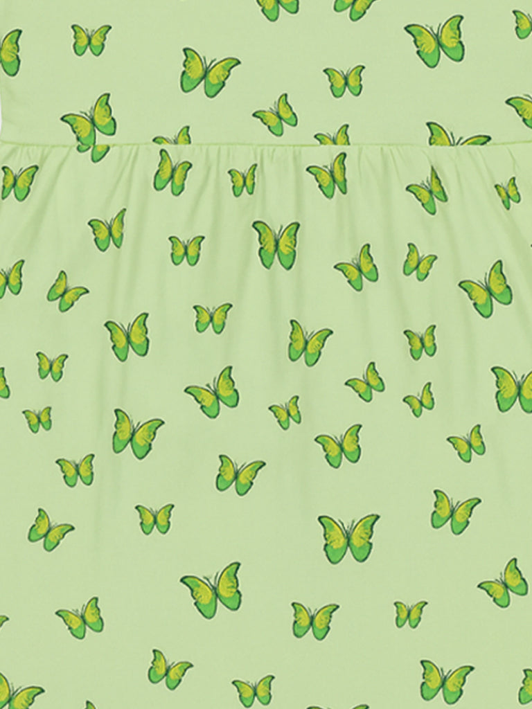Kidbea Girls Cotton Frock | Butterfly Printed Summer Dress | Short Sleeve Casual Wear Kids | Green