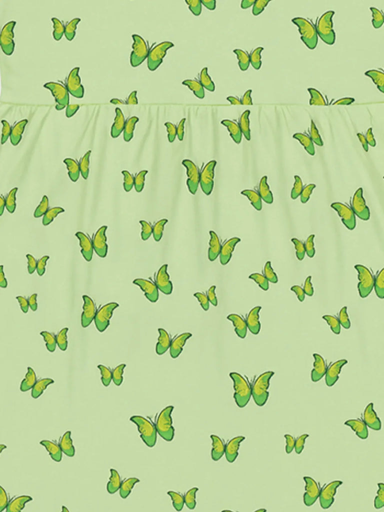 Kidbea Girls Cotton Frock | Butterfly Printed Summer Dress | Short Sleeve Casual Wear Kids | Green