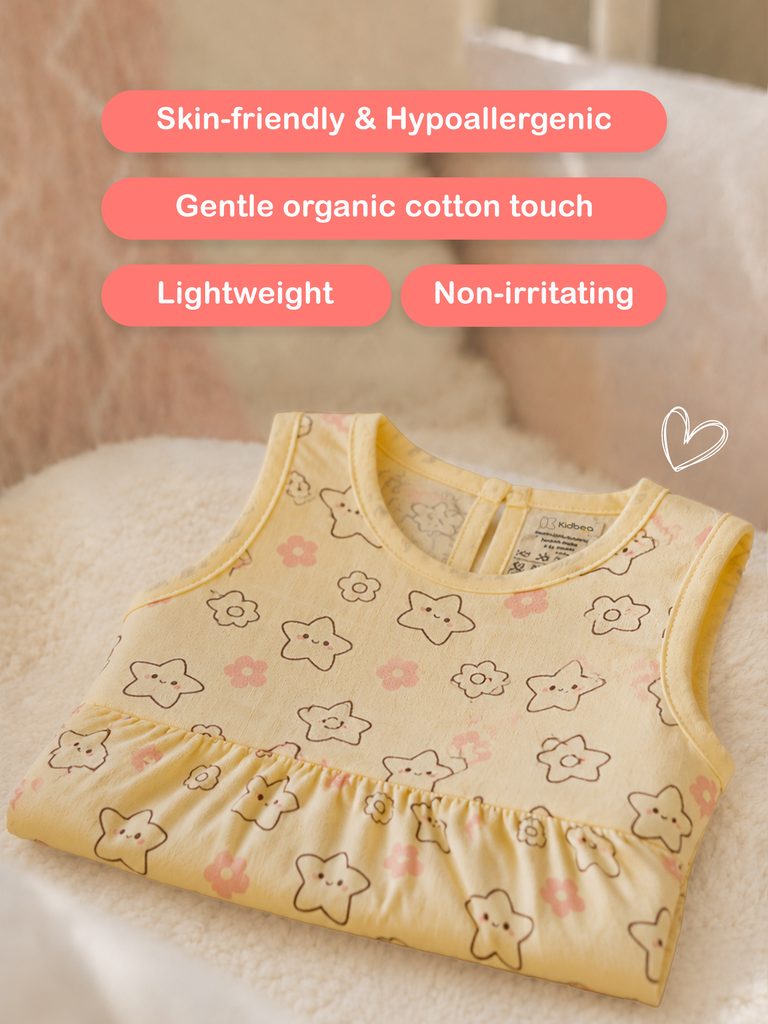 BambooTEC™ Bamboo Muslin Baby Frock – Star & Flower Print, Soft & Breathable Dress