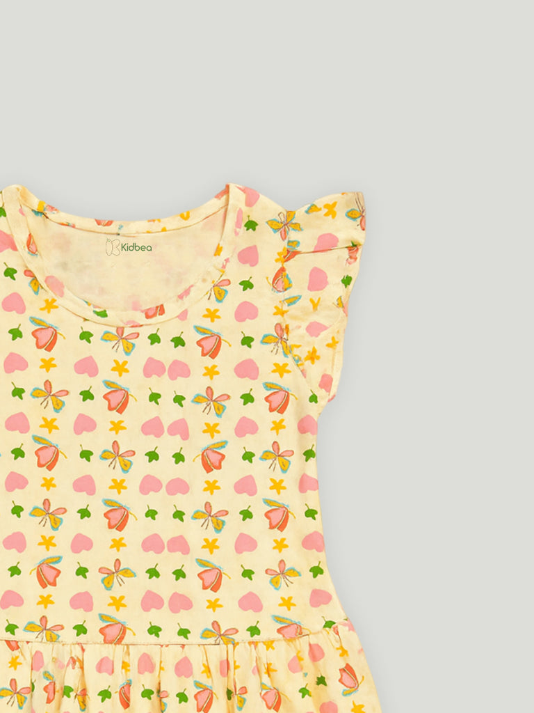 Kidbea Girls Cotton Frock | Floral & Heart Printed Summer Dress | Ruffle Sleeves | Yellow