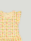Kidbea Girls Cotton Frock | Floral & Heart Printed Summer Dress | Ruffle Sleeves | Yellow