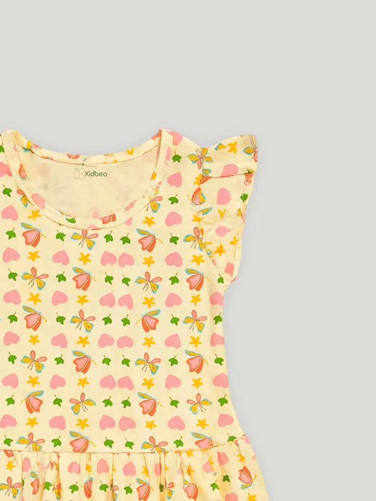 Kidbea Girls Cotton Frock | Floral & Heart Printed Summer Dress | Ruffle Sleeves | Yellow