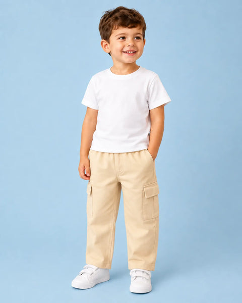 Unisex Light Beige Cotton Kids Cargo Pants – Comfortable Everyday Bottomwear