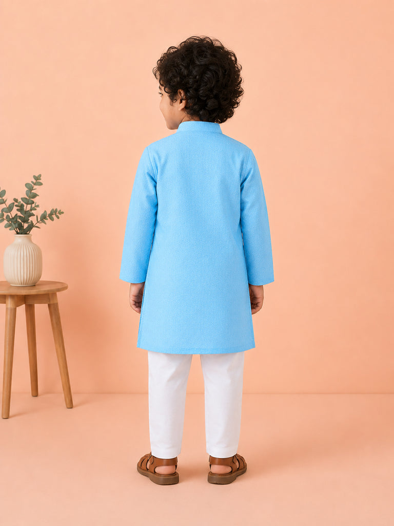Boys Sky Blue Kurta & White Pajama Set – Traditional Festive Ethnic Wear
