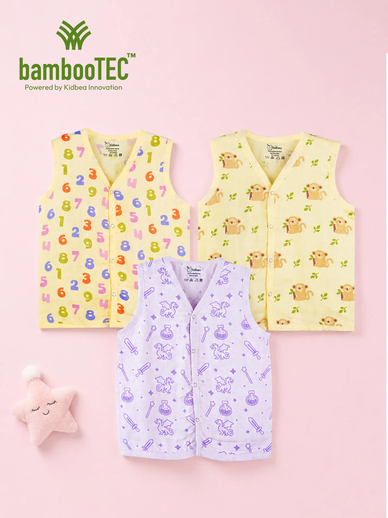 BambooTEC™ Bamboo Muslin Baby Jhabla Pack of 3 – Numbers, Monkey & Magical Fantasy Print