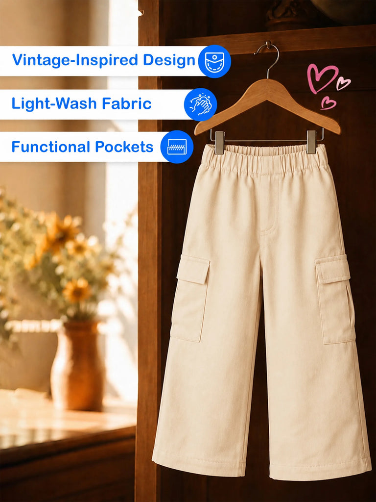 Unisex Light Beige Cotton Kids Cargo Pants – Comfortable Everyday Bottomwear