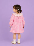 Light Organic Cotton Pink Checkered Floral Collar Frock Dress
