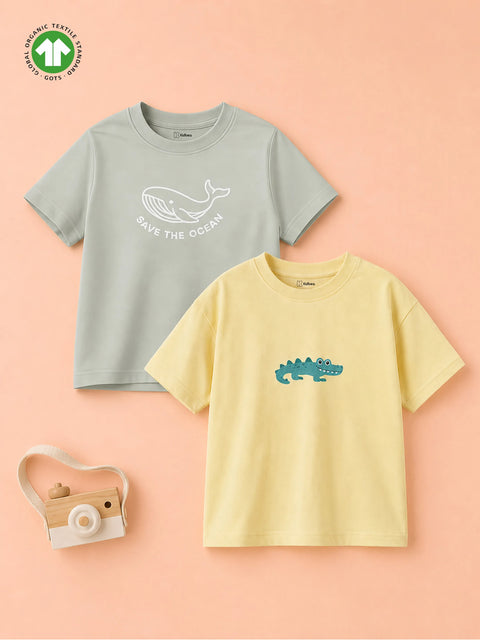 Unisex Oversized Save the Ocean & Crocodile Print Organic Cotton T-Shirt Combo (Pack of 2)