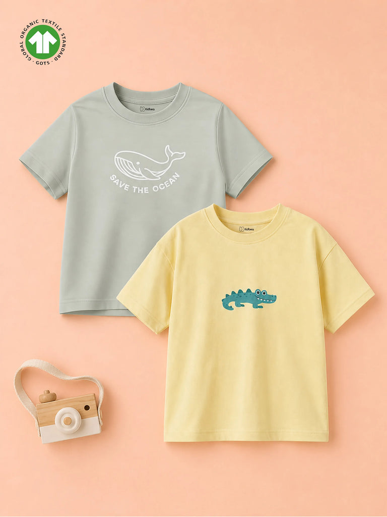 Unisex Oversized Save the Ocean & Crocodile Print Organic Cotton T-Shirt Combo (Pack of 2)