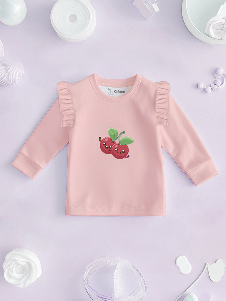 100% Bamboo Cotton Girls Full Sleeves Cherry Printed Co-Ord Set - Blush Pink