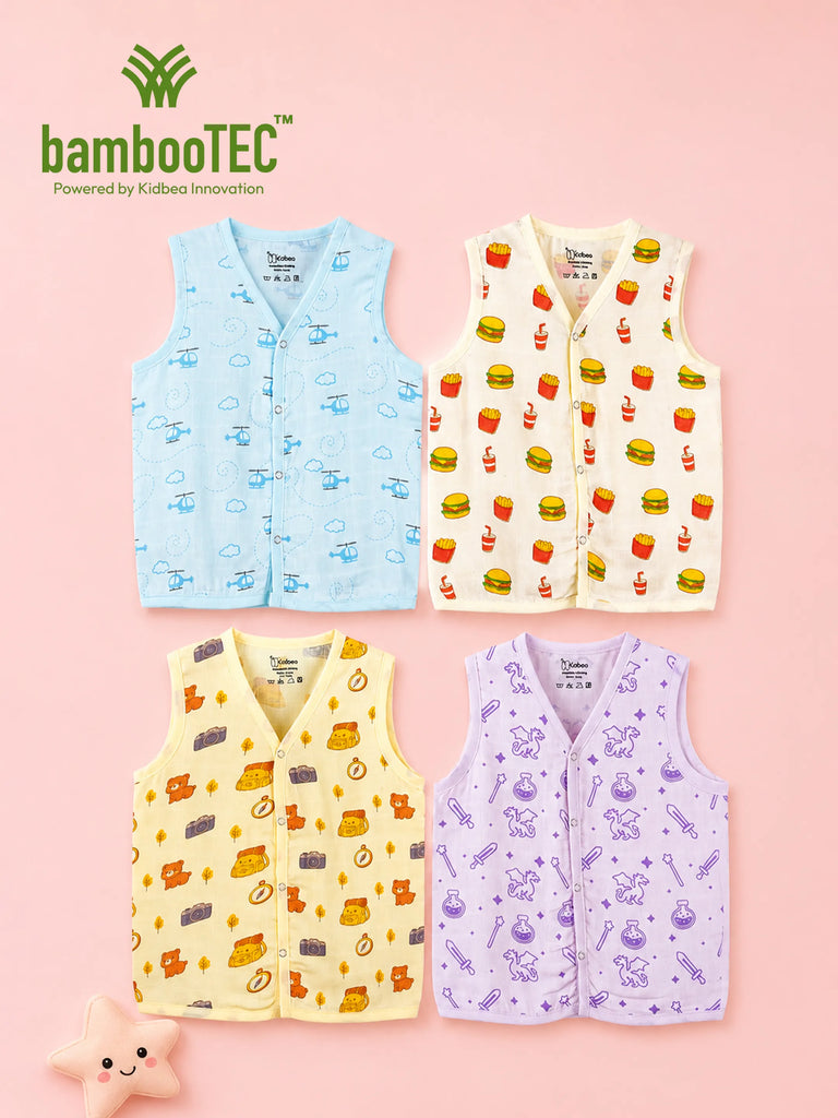 BambooTEC™ Bamboo Muslin Baby Jhabla Pack of 4 – Helicopter, Fast Food, Travel & Magic Prints